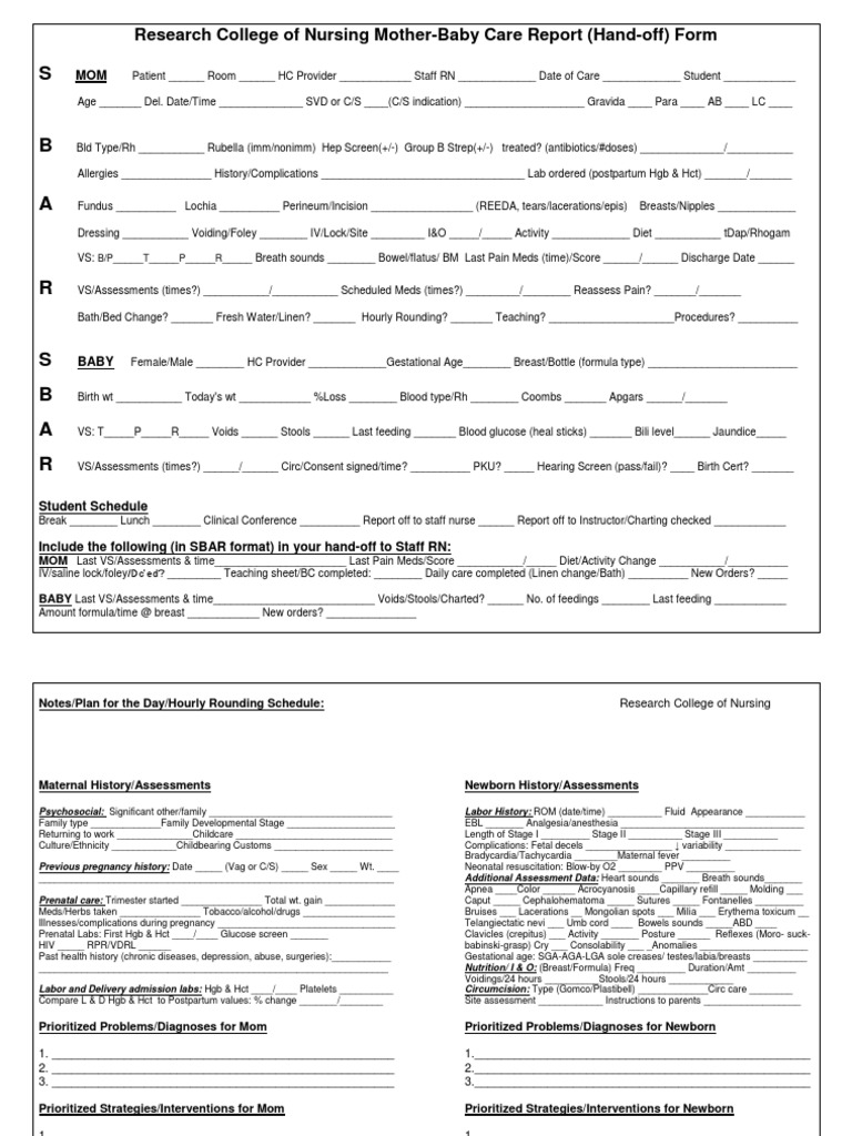 Mother Baby Report Hand Off Sheet and Assessment Tool