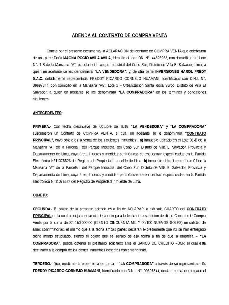 Adenda Al Contrato de Compra Venta - Magna Rocio Avila Avila | PDF | Pagos  | Business
