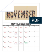 Month of November: Sunday Monday Tuesday Wednesday Thursday Friday Saturday