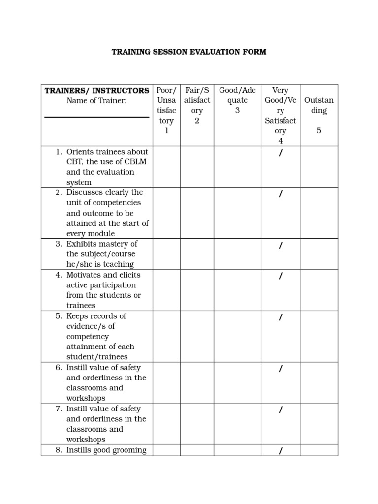 Training Session Evaluation Form Doc Educational Technology Learning