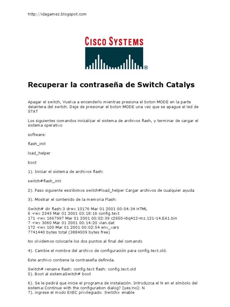 Recuperar Contraseña Switch Cisco 2960 | PDF | Contraseña | Conmutador ...