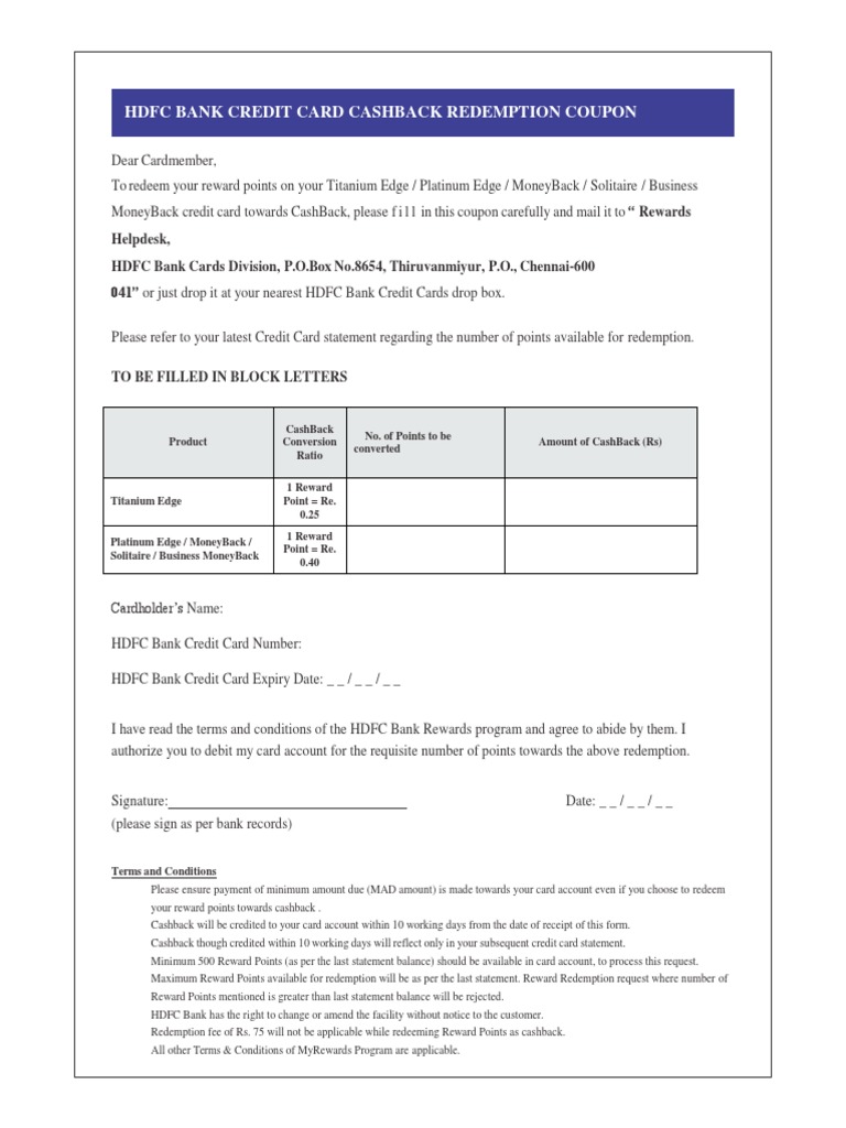 Cashback Redemption Form PDF