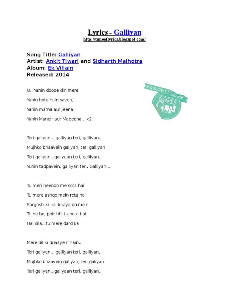 Teri Galliyan Female Lyrics