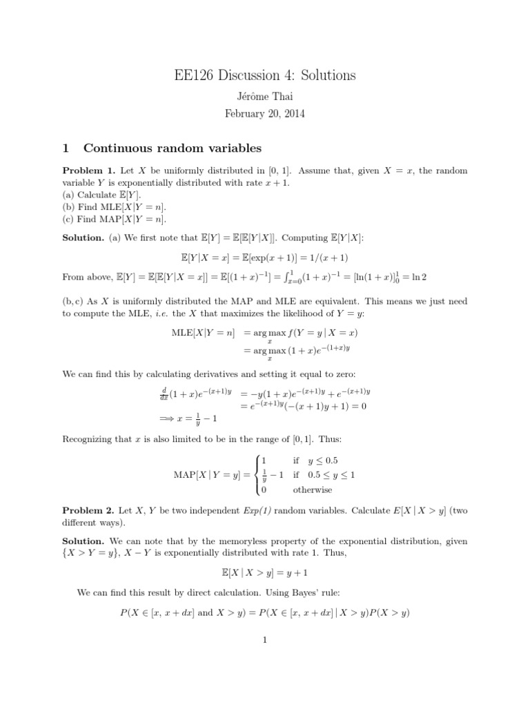 Solutions for EE126 Discussion 4 | PDF | Exponential Function | Variance