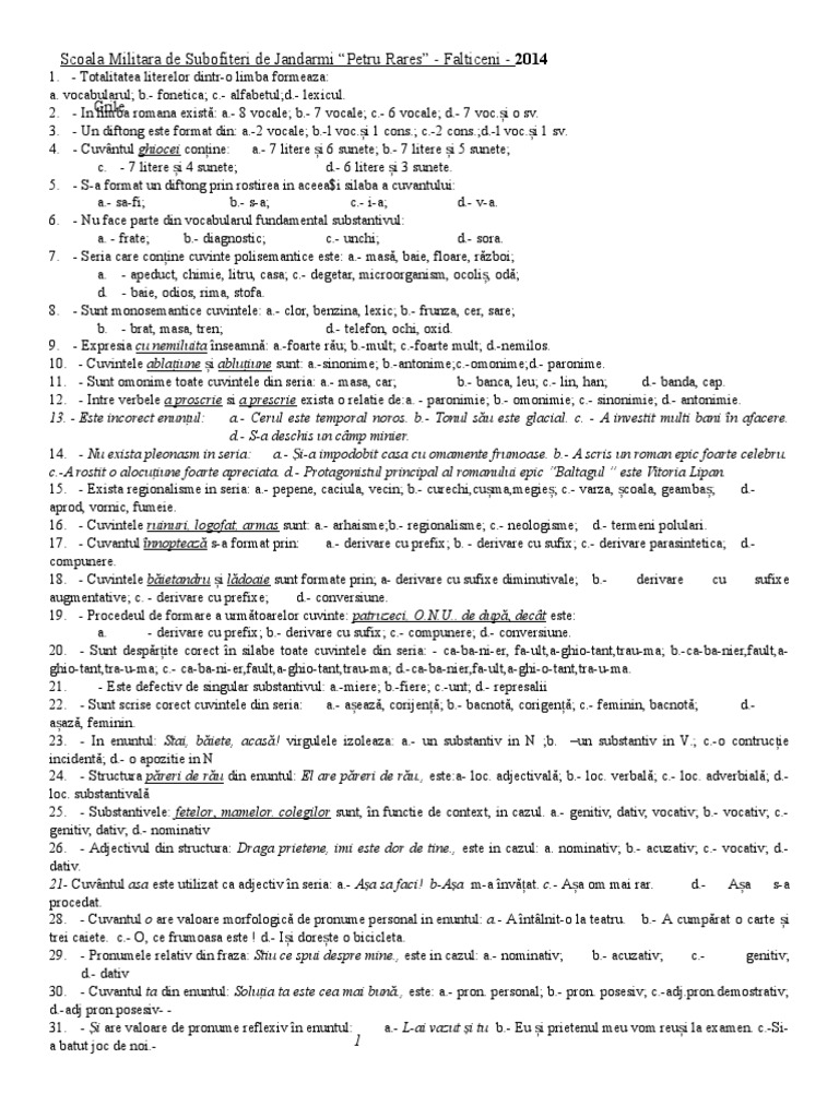 Test Grila Scoala Militara De Subofiteri De Jandarmi Test Grila