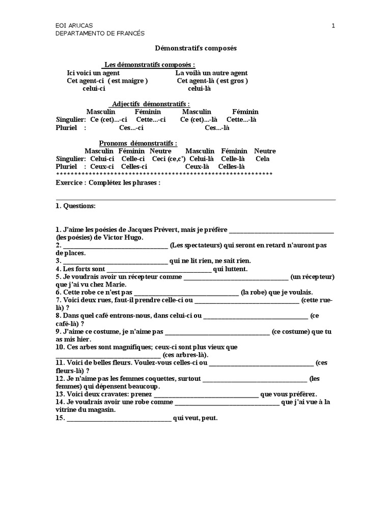 Exercices sur les pronoms démonstratifs | PDF | Pronom | Genre grammatical