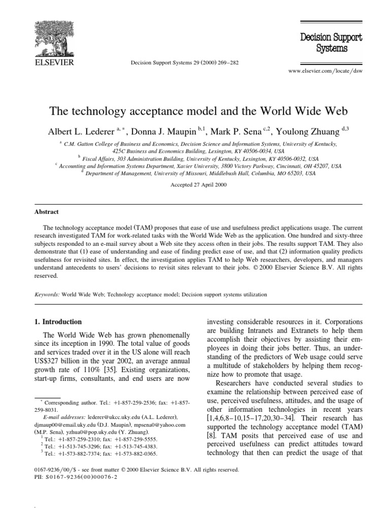 The Technology Acceptance Model and The World Wide Web LEDERER PDF ...