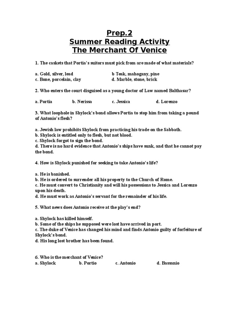 essay type questions on merchant of venice