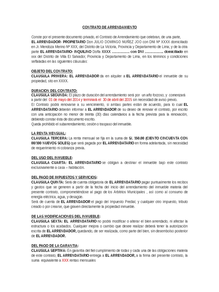 Modelo de Contrato de Arrendamiento Pagos Alquiler