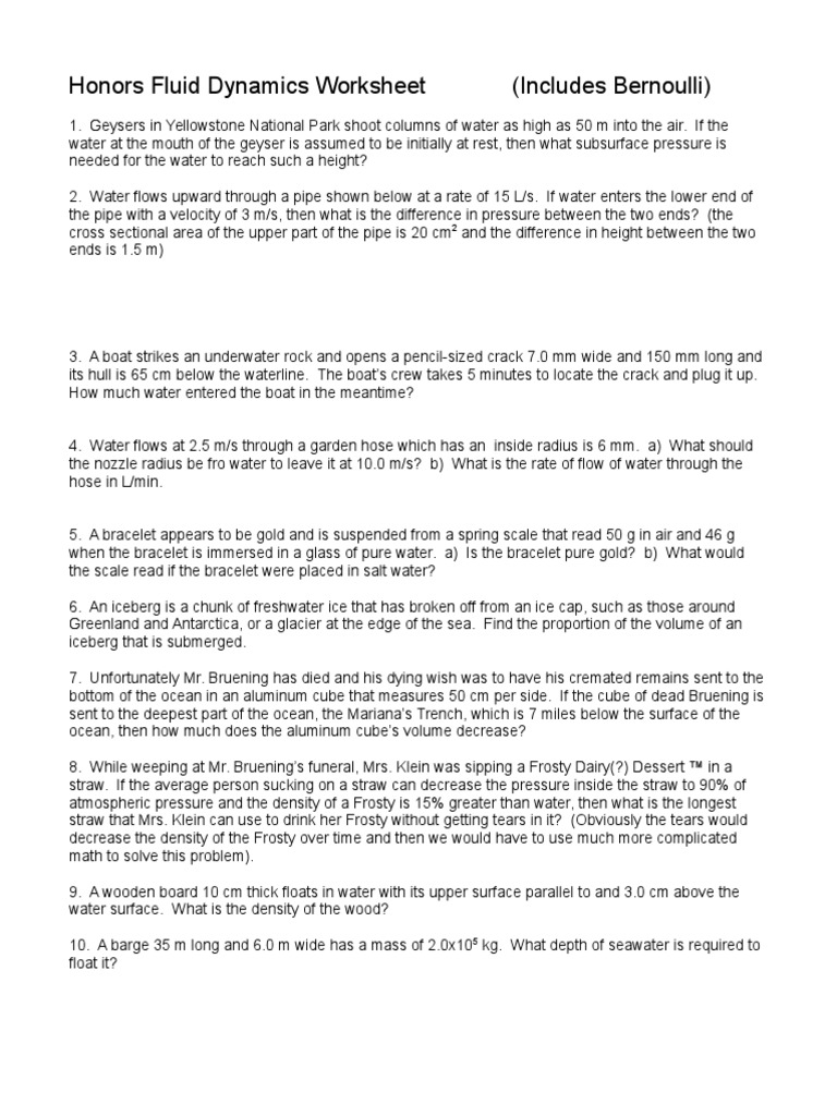 Honors Fluid Dynamics Worksheet PDF Buoyancy Pressure