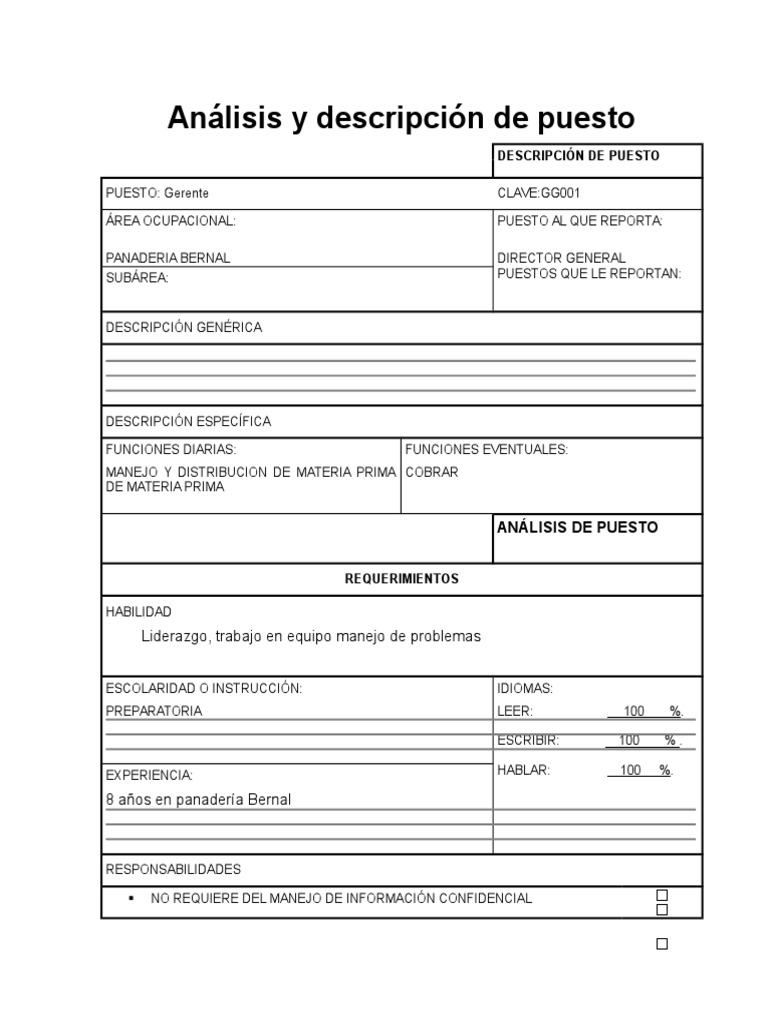 Analisis Y Descripcion De Puesto