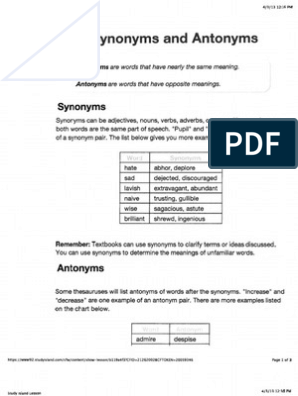 Antonyms and Synonyms | PDF