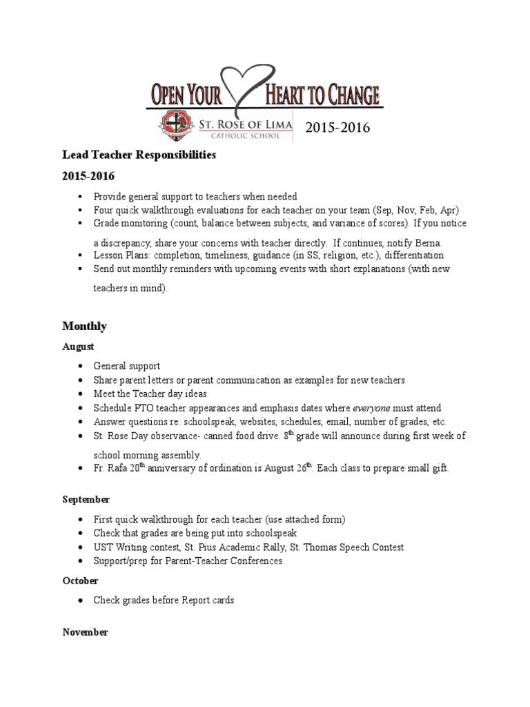 Lead Teacher Responsibilities PDF