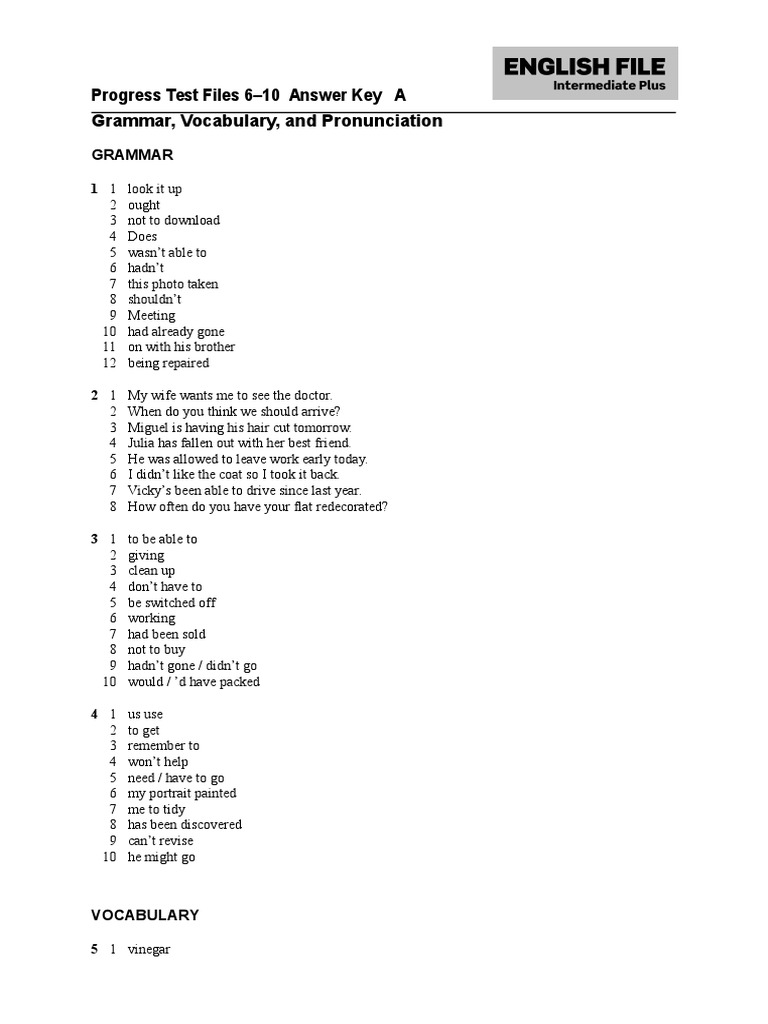 Progress Test Files 6-10 Answer Key | PDF | Question | Vocabulary