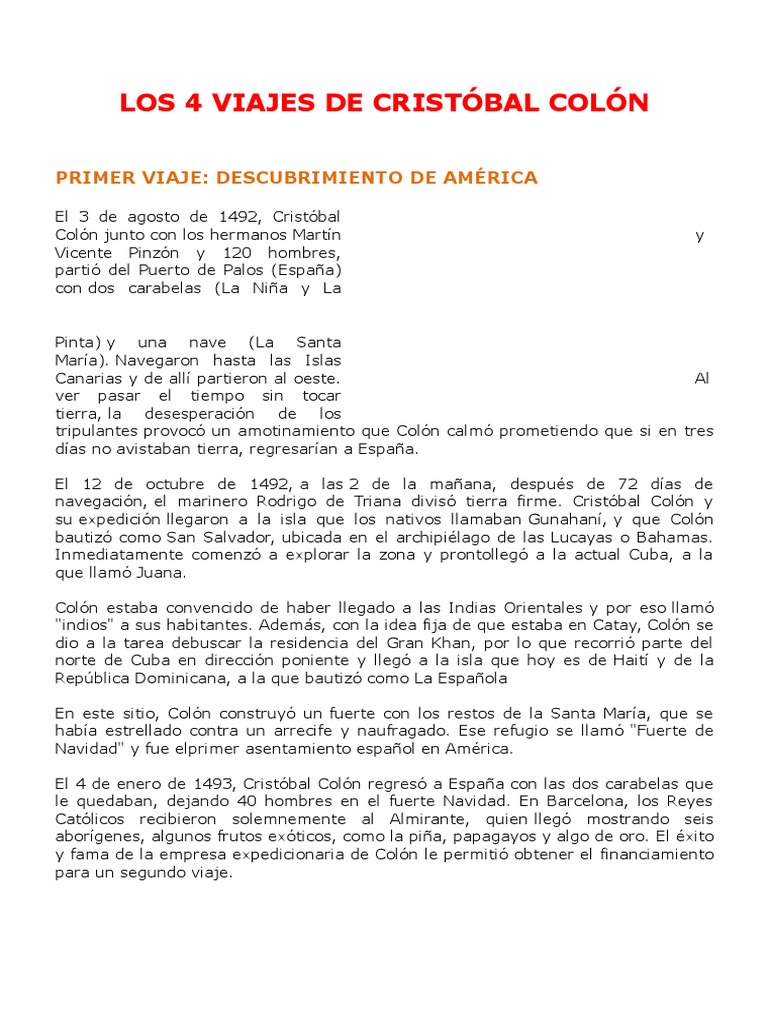 Resumen de los 4 viajes de Colón | PDF | Cristobal colon | Exploración ...