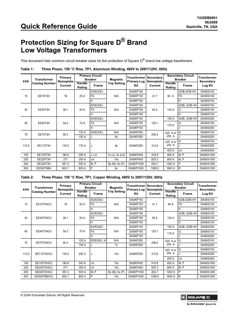 Quick Ref Guide - Square D Transformer Protection Sizing | PDF ...