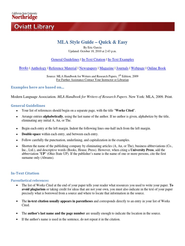 MLA Style Guide Quick &amp; Easy Citation Public Sphere