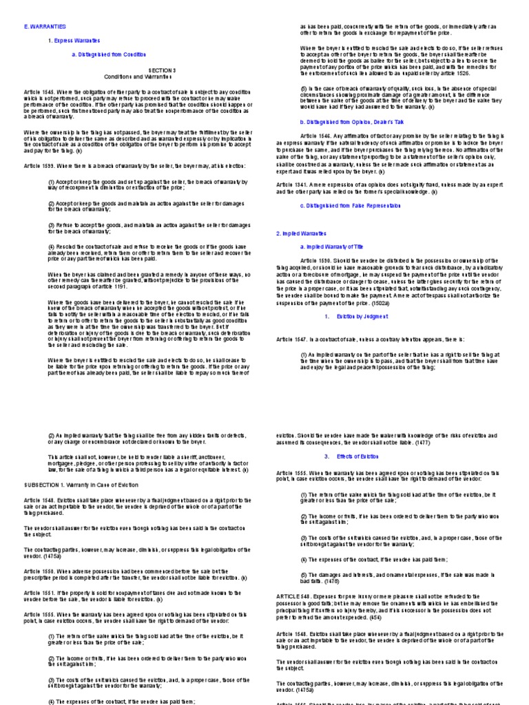 E. Warranties Express Warranties A. Distinguished From Condition