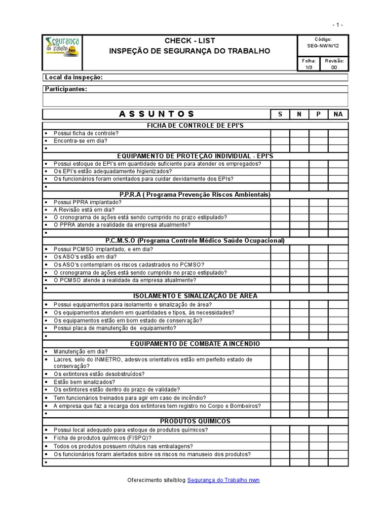 Checklist de Inspeção de Segurança do Trabalho | PDF | Embalagem e ...