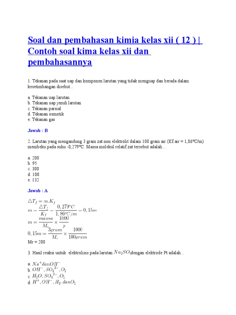 Soal Kimia Kls 12 Dan Pembahasan 2019