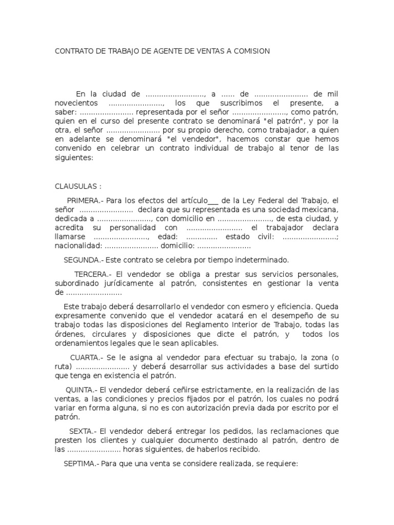 Contrato de Trabajo Agente de Ventas Por Comisión | PDF | Salario | Tiempo  de trabajo
