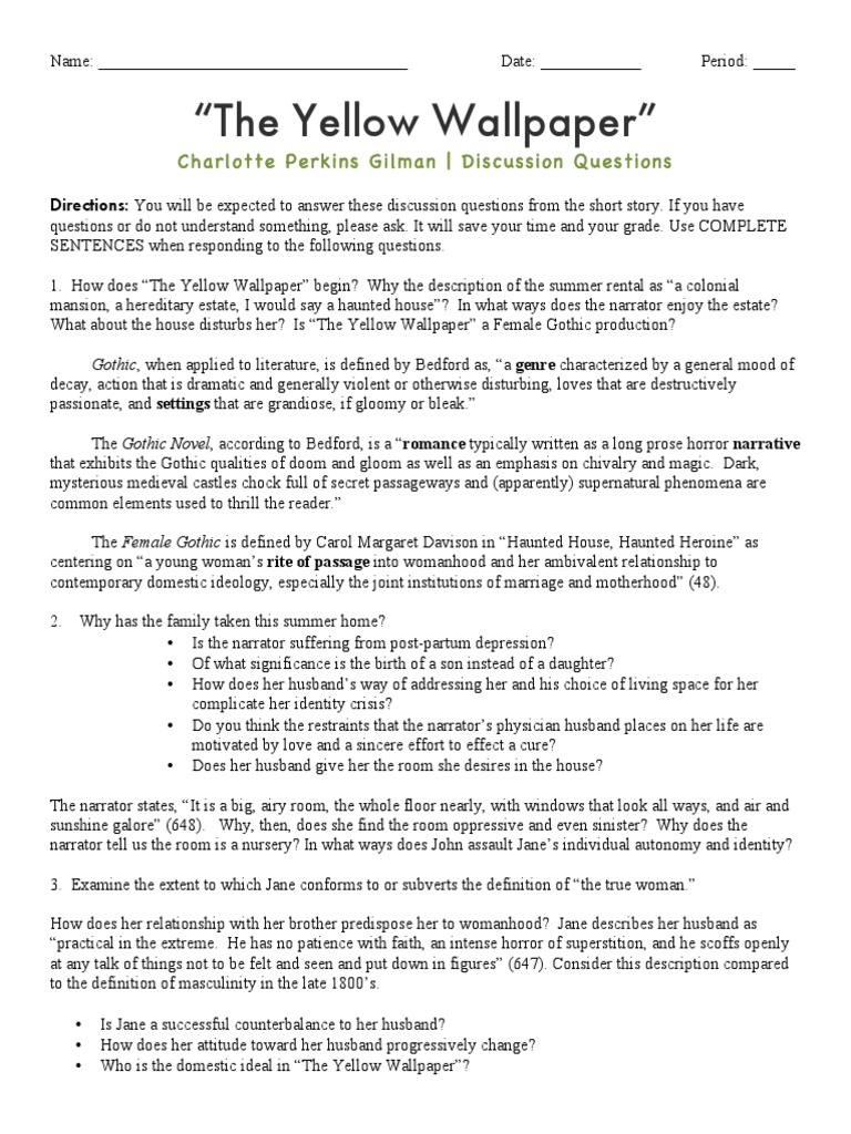 The Yellow Wallpaper Discussion Question The Yellow Wallpaper Charlotte Perkins Gilman