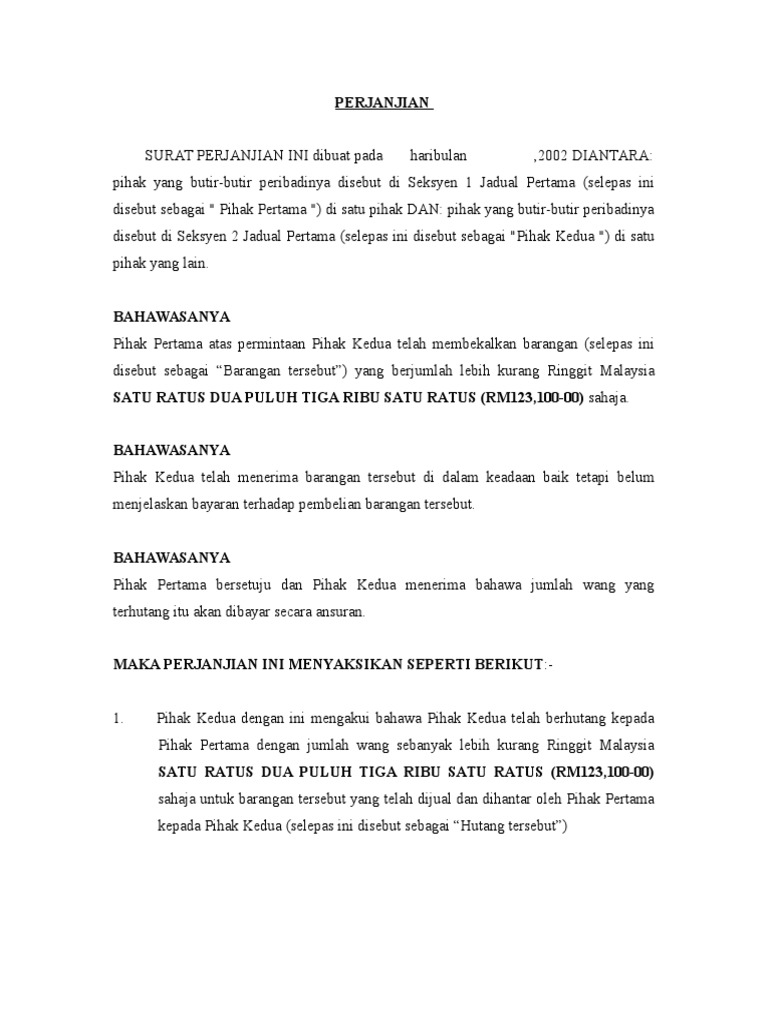 Contoh Format Surat Perjanjian Malaysia