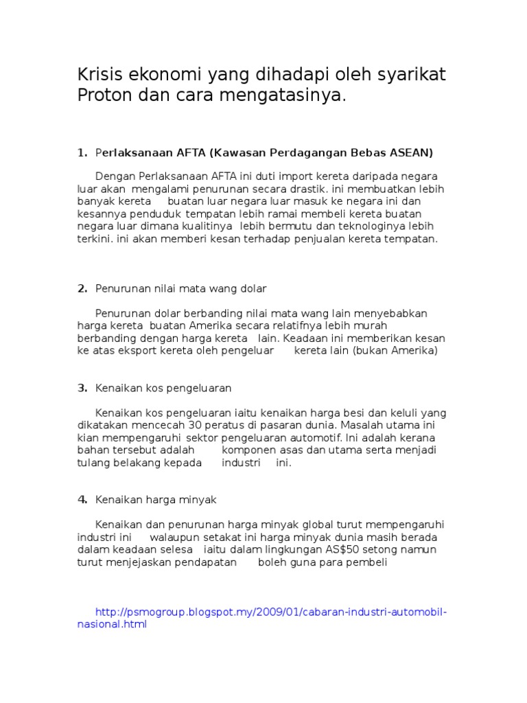 Krisis Ekonomi Yang Dihadapi Oleh Syarikat Proton  PDF