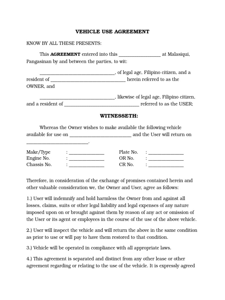 Vehicle Use Agreement Template | PDF