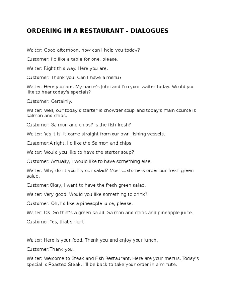 Restaurant Ordering Dialogues | PDF