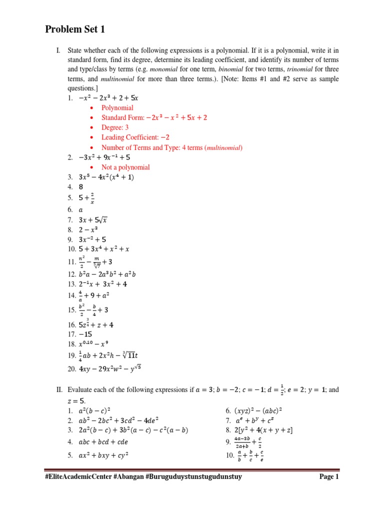 Problem Set 1 Polynomial Standard Form Degree 3 Leading Coefficient