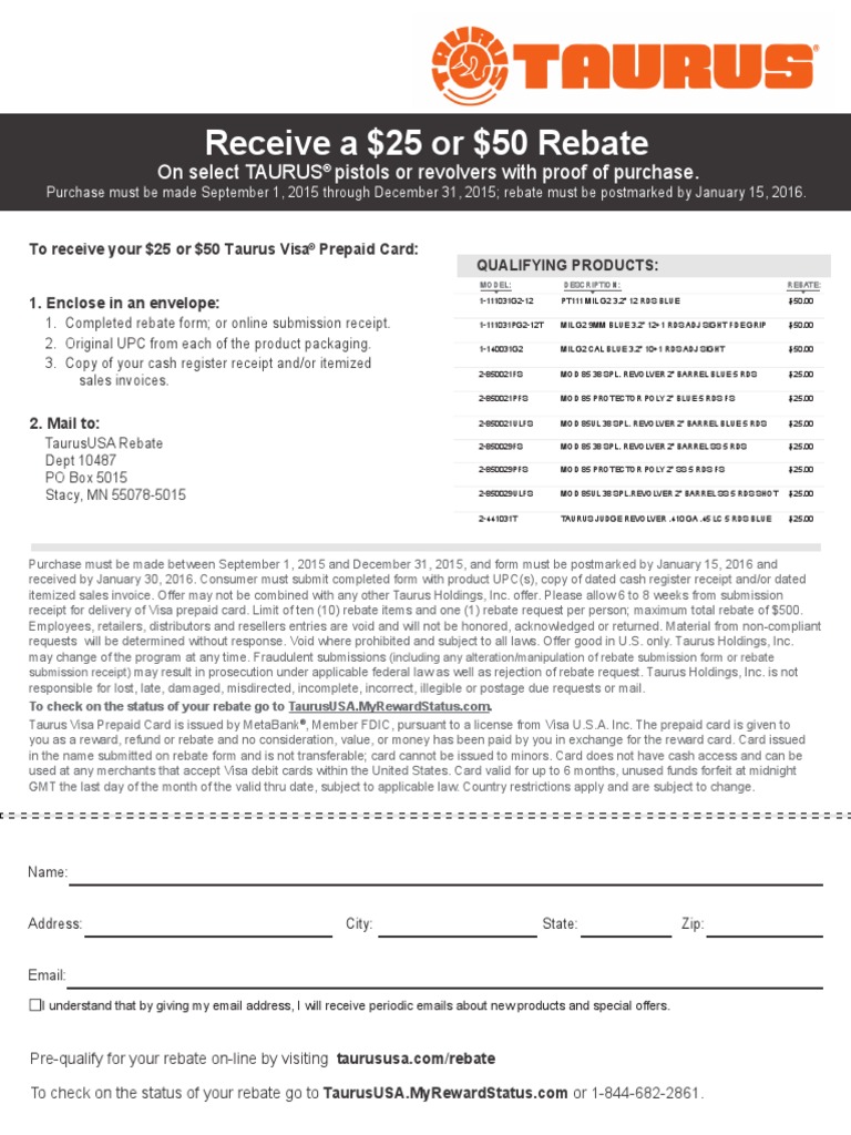 Taurus USA Rebate Form FINAL 20150831 Rebate Marketing Visa Inc 