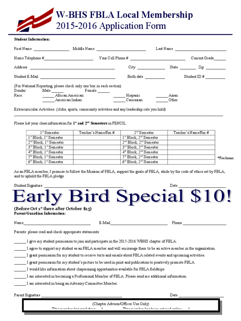 WBHS FBLA Membership Application 2015-2016 | PDF | Wellness