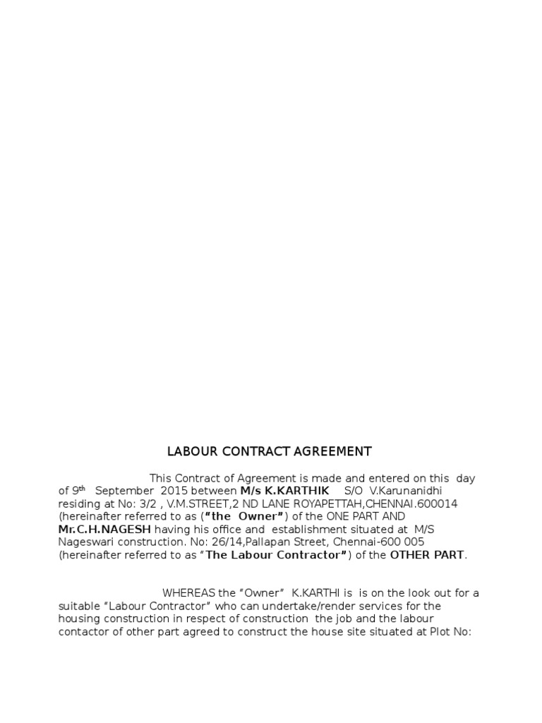 House Construction Labour Contract | PDF