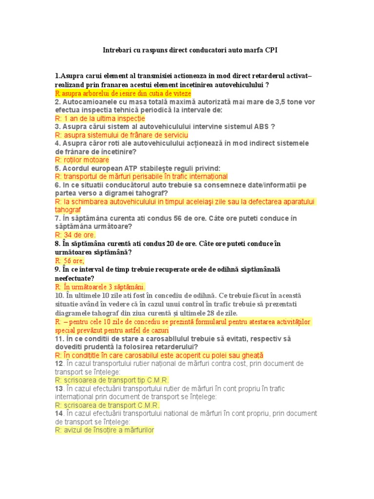 Intrebari Si Raspunsuri Pentru Atestat Transport Marfa - Intrebari si