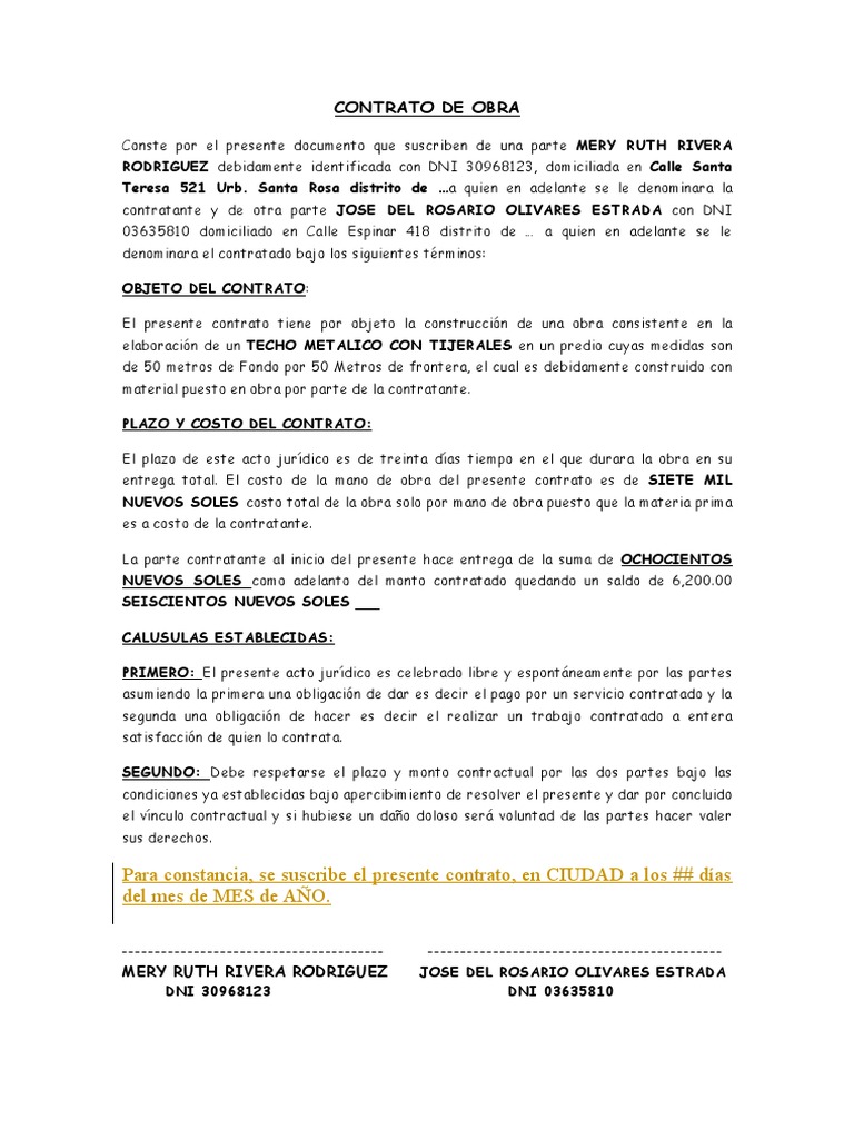 Modelo De Contrato De Obra Pdf