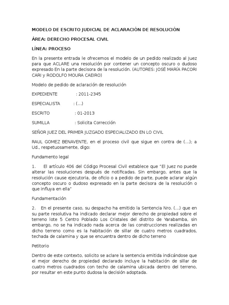 Modelo de Escrito Judicial de Aclaración de Resolución | PDF