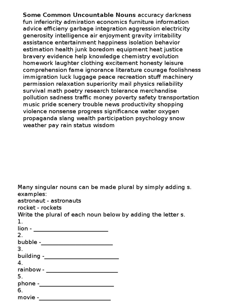 Some Common Uncountable Nouns Accuracy Darkness PDF Plural Noun