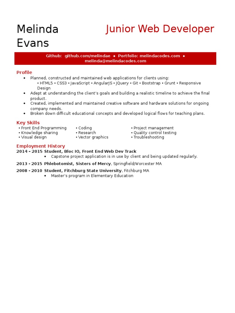 Junior Web Developer Profile: Melinda Evans | PDF