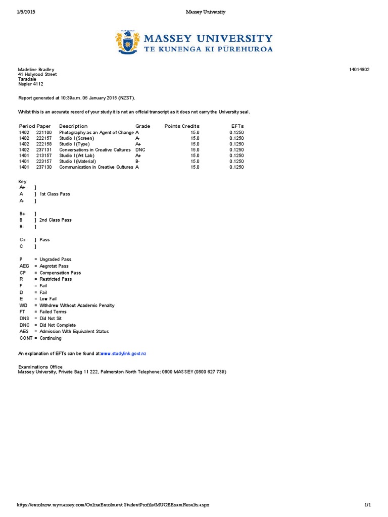 Massey University Academic Grades Report | PDF