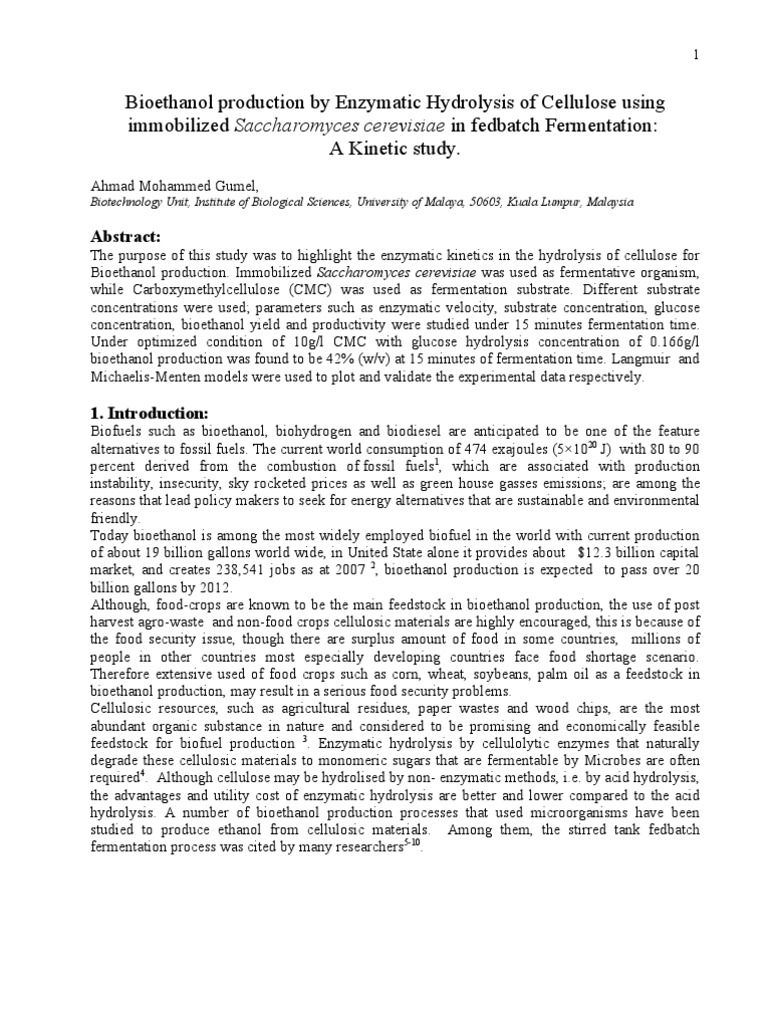 Bio Ethanol Production by Enzymatic Hydrolysis of Cellulose | PDF ...