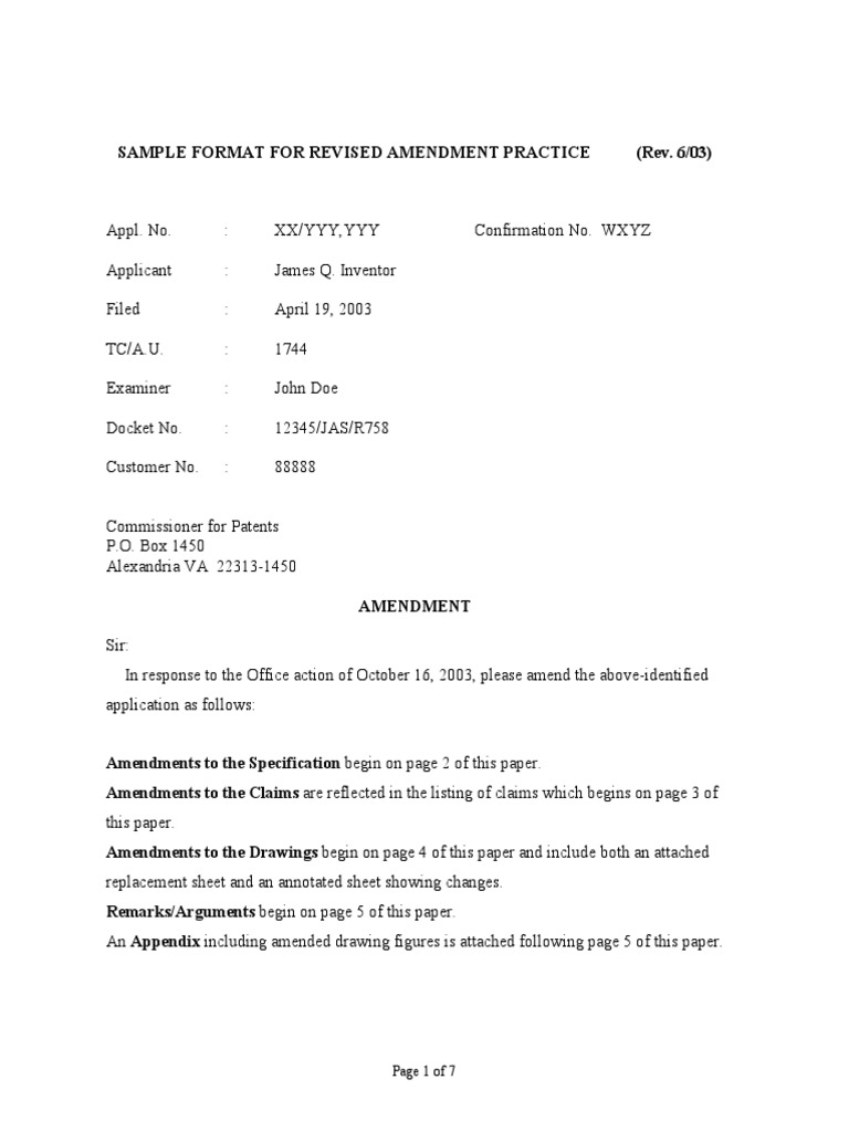 USPTO Sample Amendment Response United States Patent And Trademark Office Information Economics