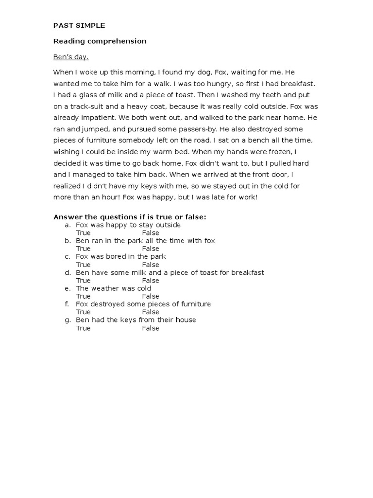 PASTSIMPLEReading Exercise True or False