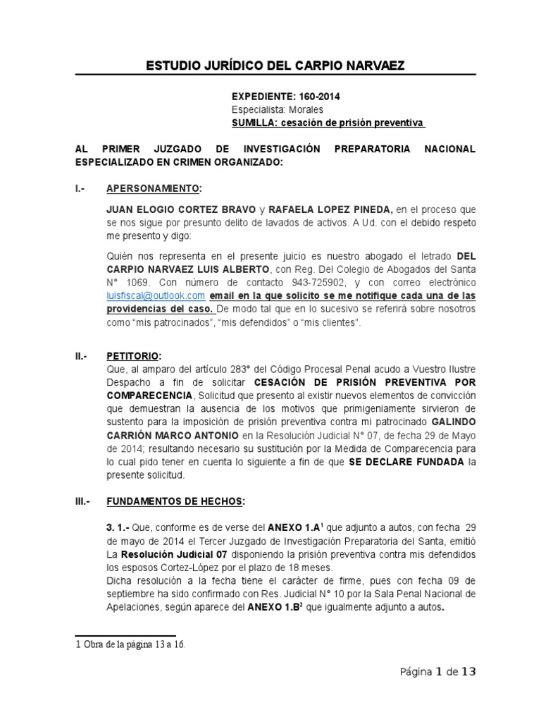 Exp 2014 74 Caso Galindo Carrion Escrito De Cesacion De Prision Preventiva Ley Procesal Corrupcion Politica
