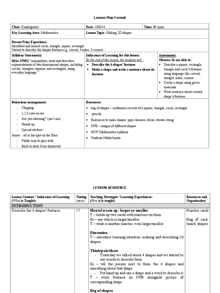 Kindergarten 2D Shapes Lesson Plan | PDF | Shape | Psychological Concepts