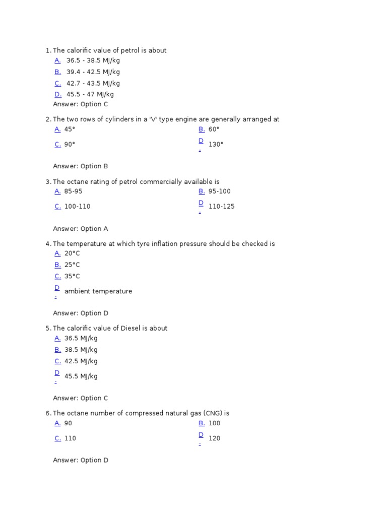Automotive Quiz Questions and Answers | PDF | Internal Combustion ...