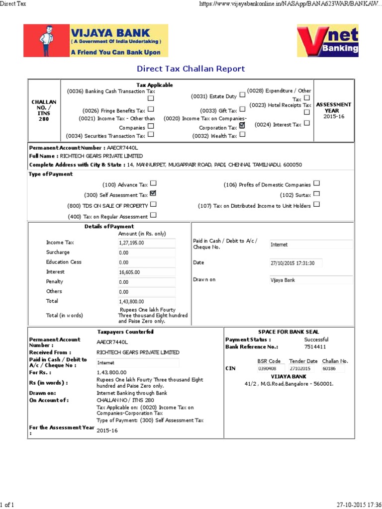 Self Assessment Tax Payment Details | PDF