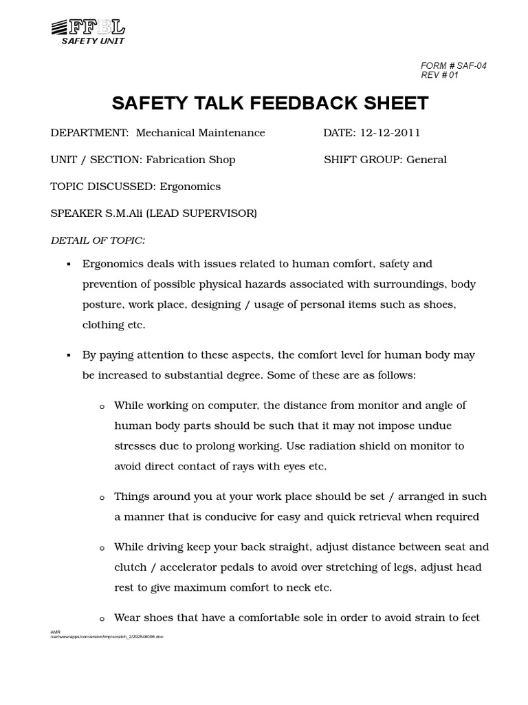 Ergonomics Safety Talk Feedback Sheet | PDF