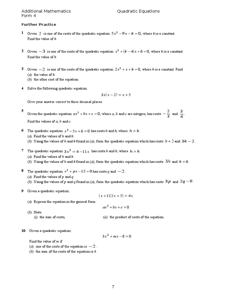 Quadratic Equations Practice for Form 4 | PDF | Quadratic Equation ...