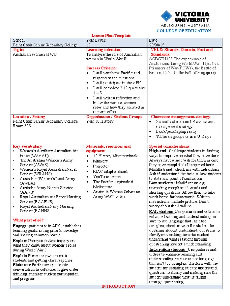 Australian Women in WWII: Lesson Plan | PDF | Australia | World War II